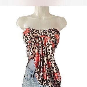Vintage  Strapless Leopard Print Top with Red Floral Design